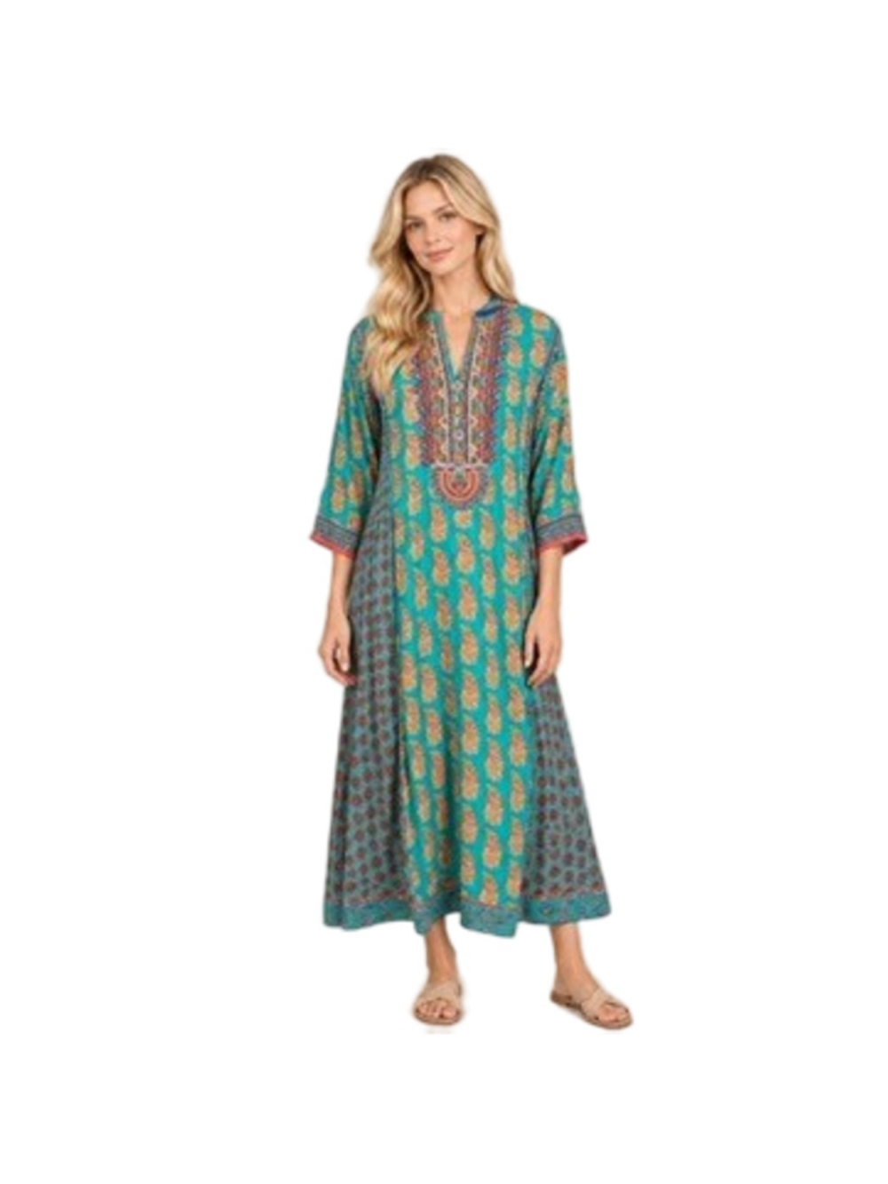 Soft Surroundings Phoenix Dress L Turquoise Orange Boho Paisley Embroidered Midi